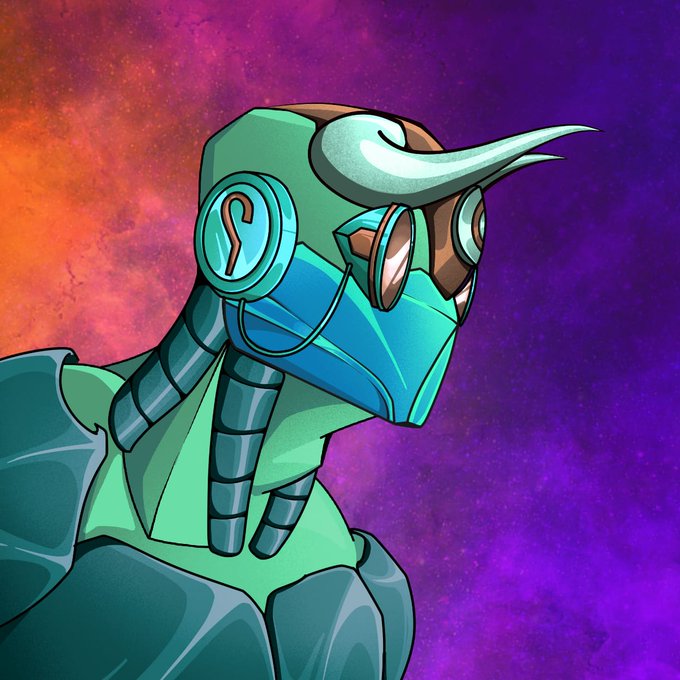 A futuristic robotic figure with a teal and blue helmet featuring a curved horn-like protrusion is depicted against a vibrant purple and orange cosmic background. The image aligns with the post's announcement of the official OpenSea checker for the "ZOB" collection mint, visually representing the project's cybernetic aesthetic as the mint goes live.