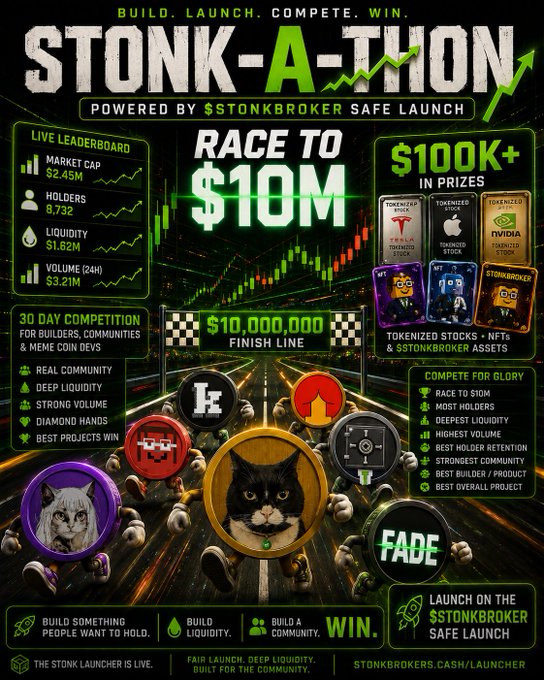 A promotional graphic for "STONK-A-THON POWERED BY $TONKBR0KER SAFE LAUNCH" advertising a "RACE TO $10M" with $100K+ in prizes, featuring logos for Tesla, Apple, and Nvidia.