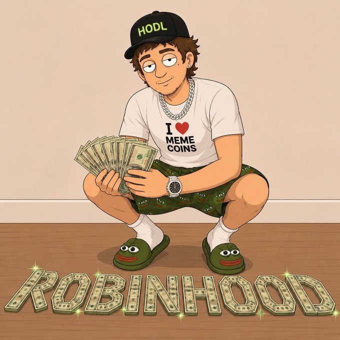 A cartoon man squats holding fanned-out cash, wearing a black "HODL" cap, an "I ♥ MEME COINS" shirt, a silver chain, and Pepe the Frog slippers, with "ROBINHOOD" spelled out in dollar bills at his feet—visually satirizing meme-coin culture on the Robinhood trading platform, fitting the caption "Robinhood Chain."
