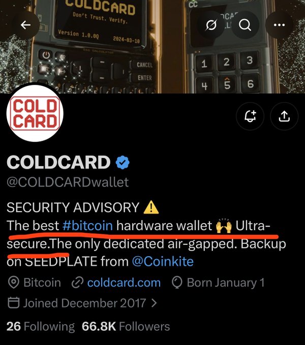 A Twitter/X profile screenshot for COLDCARD (@COLDCARDwallet), a verified account with 66.8K followers, featuring a 'SECURITY ADVISORY' describing it as 'The best #bitcoin hardware wallet Ultra-secure. The only dedicated air-gapped' with backup on SEEDPLATE from @Coinkite.