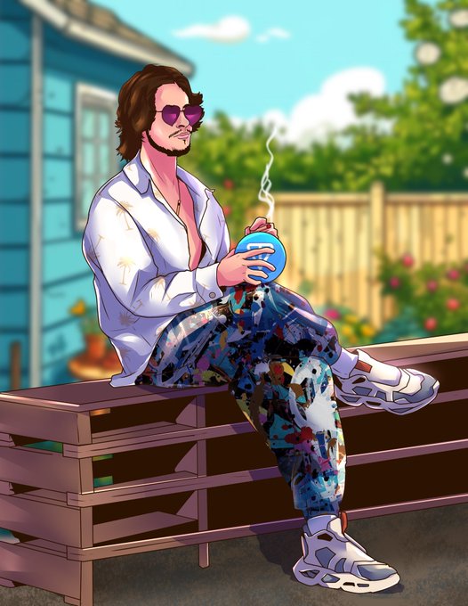 A casually stylish man wearing heart-shaped sunglasses, a paint-splattered shirt, and matching artistic pants sits on a wooden bench outdoors, holding a steaming blue mug with both hands. The relaxed, artsy vibe pairs perfectly with the cheerful "Gm" (good morning) greeting, evoking a laid-back start to the day in a creative, sunlit backyard.
