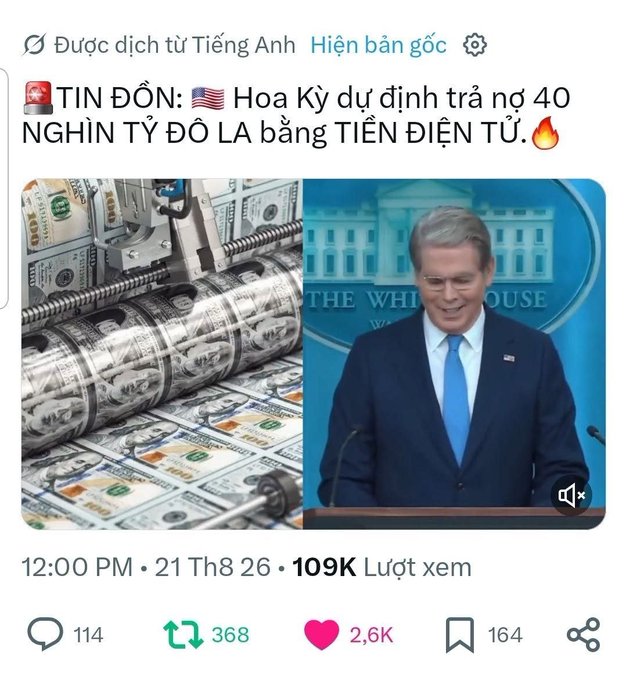 The image is a Vietnamese-translated social media post claiming the US plans to pay off $40 trillion in debt using cryptocurrency, shown alongside an image of money being printed and Treasury Secretary Scott Bessent at the White House podium. The post's caption reinforces this narrative by claiming the US will "wipe out debt" with a new currency called "UsN" and tie its value to Pi cryptocurrency.