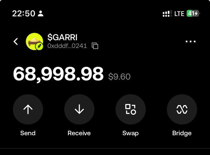A cryptocurrency wallet app screen displays a balance of 68,998.98 (worth $9.60) for the token $GARRI (0xddd...0241), with options for Send, Receive, Swap, and Bridge, at 22:50 with LTE and 41% battery.