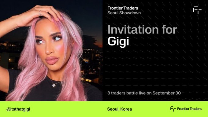 A promotional graphic for Frontier Traders' Seoul Showdown event invites influencer @itsthatgigi, featuring her photo against a cityscape backdrop with text announcing "Invitation for Gigi" and "8 traders battle live on September 30" in Seoul, Korea. The image relates to the accompanying post where Gigi expresses excitement about attending the event and considers competing in a future trading battle.