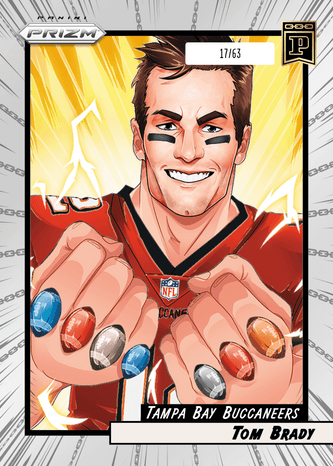 A Panini Prizm football trading card featuring Tom Brady in a Tampa Bay Buccaneers jersey, holding out his Super Bowl ring-covered fingers (numbered 17/63).