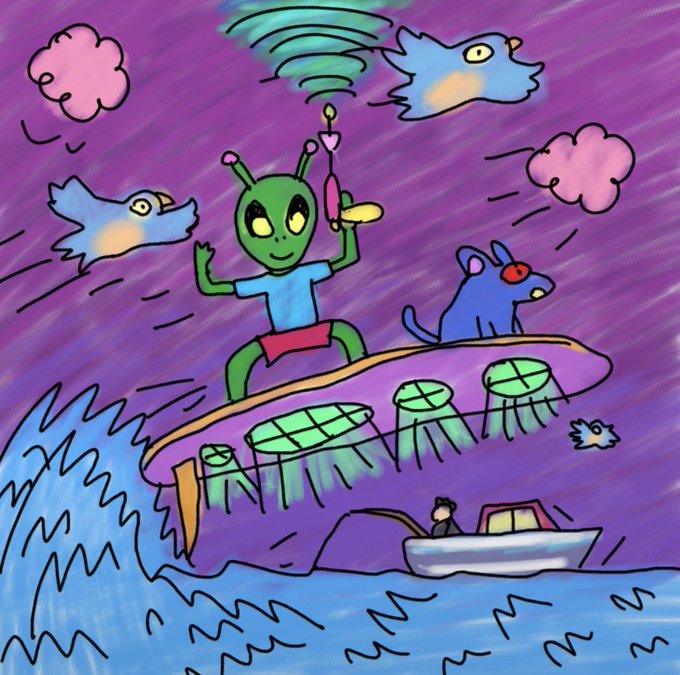 A colorful child-like drawing depicting a green alien surfing on a UFO above wavy blue water, with birds flying around and a small boat below.