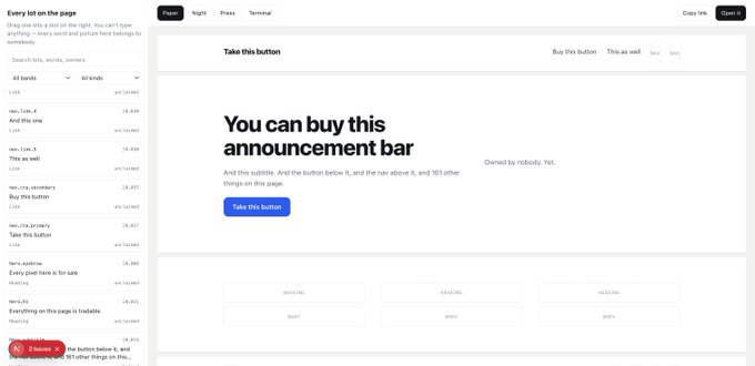 A screenshot of a website called 'nobody Yet' featuring various ad placements available for sale, with the headline 'You can buy this announcement bar' and a blue 'Take this button' option.