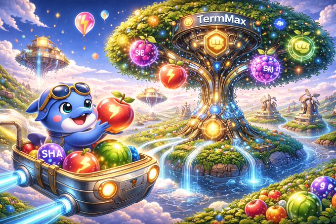 In this captivating illustration, a blue alien with goggles is steering an orange rocket ship through a lush green forest filled with various objects such as apples, balloons, and even planets. The spaceship seems to be approaching a floating apple tree that has small green apples hanging from its branches. In the background, there are other fantastical landscapes and characters that create a sense of wonder. Below this scene, there is text providing details about the content or nature of what can be inferred from the image.