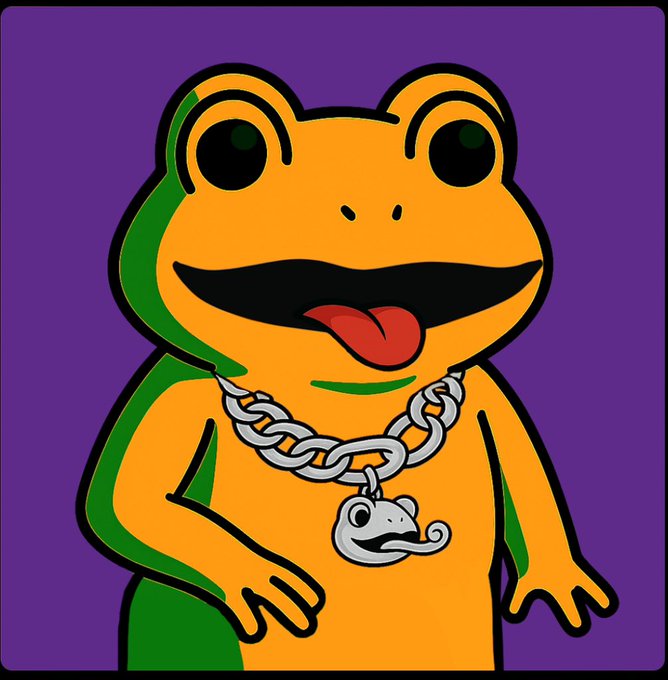 A cartoon Pepe-style frog illustration in orange and green wearing a silver chain with a frog pendant against a purple background.