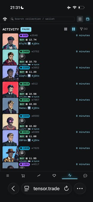 A mobile screenshot of the Tensor.trade NFT marketplace showing recent transaction activity, with multiple Mad Lads NFT sales ranging from 9.03 to 10.73 SOL (approximately $1,300-$1,400) occurring every 8 minutes, reflecting the ongoing saga of high-end collectors sweeping up the collection.