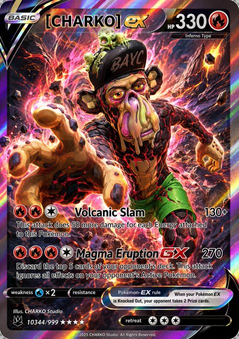 A custom Pokémon-style trading card titled '[CHARKO] EX' depicting a lava-themed character with a 'BAYC' cap, featuring attacks 'Volcanic Slam' (130+) and 'Magma Eruption GX' (270), HP 330.