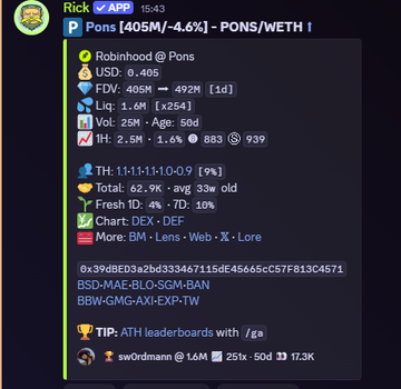 A screenshot of a Discord bot message displaying token information for "Robinhood @ Pons" (ticker: PONS), showing a price of $0.406 with 405M FDV and a 9% pump in 1 hour, alongside stats like 62.9K ATH, 1.4% 1H change, and 2.5K likes. The data relates to the post's promotion of the "pond" (Pons) community as a hub for finding memes and early runners during a bullrun.