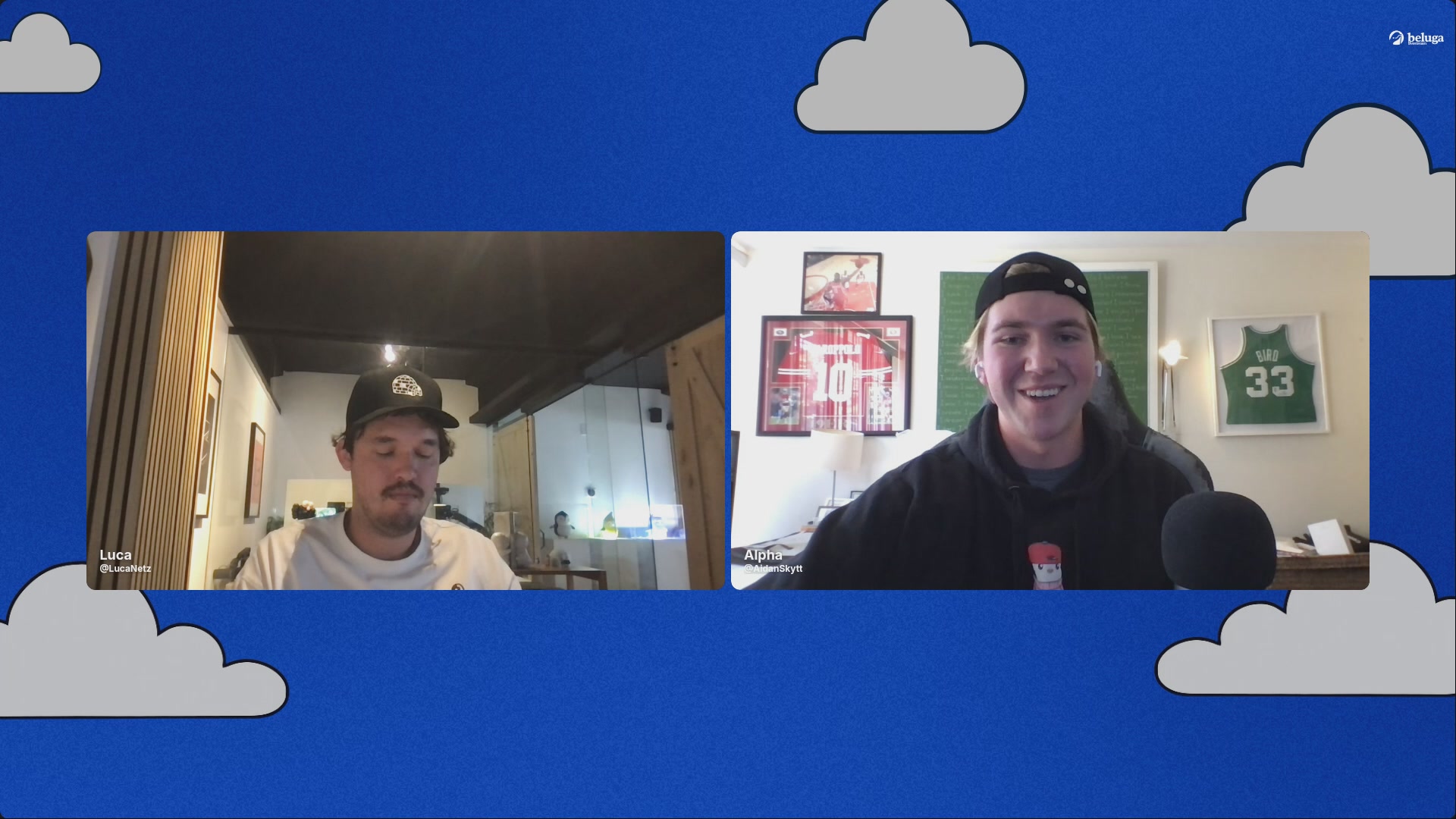 The image shows two men talking over a video call with their faces displayed on the screen. The background of the image features a blue sky filled with clouds. There are also some words visible in the image, which seem to be related to the conversation between the two men or possibly about the podcast they are discussing.