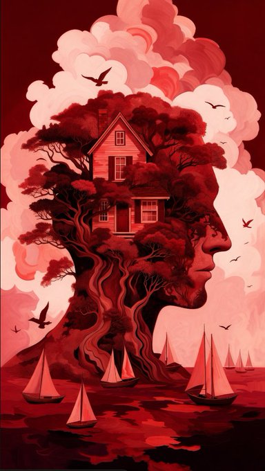 A surreal red-toned digital artwork featuring a woman's profile whose hair transforms into a tree containing a house, surrounded by clouds, birds, and sailboats.