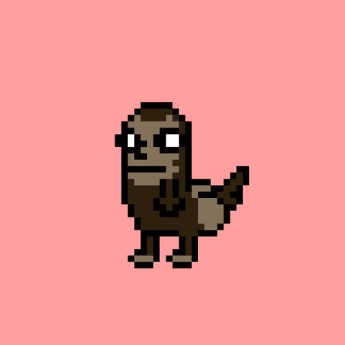 Pixel art illustration of a small brown and tan dinosaur character with large white eyes standing against a solid pink background.