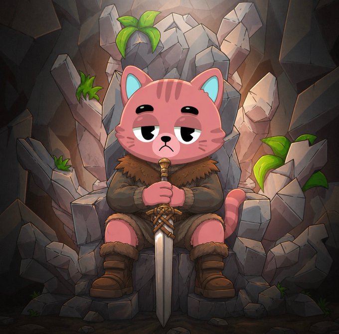 A pink cat-like NFT character wearing fur boots and a fur collar sits on a stone throne while gripping a sword in a dimly lit cave, embodying the "MellowPals" collection referenced in the post about 4,444 NFTs being minted on OpenSea.