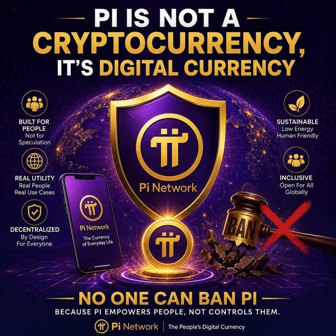 A promotional graphic for Pi Network featuring the bold headline "PI IS NOT A CRYPTOCURRENCY, IT'S DIGITAL CURRENCY," showcasing a gold Pi shield, the Pi Network mobile app, and a gavel marked "BAN" with a red X, emphasizing that "NO ONE CAN BAN PI" because it empowers people through real utility, sustainability, and decentralization for everyday global use.