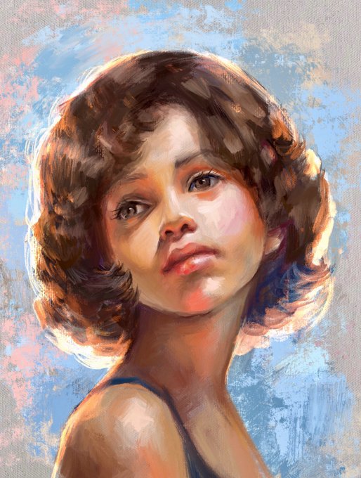 An expressive oil painting portrait of a woman with short brown wavy hair, rendered with warm orange and pink highlights against a soft blue background.