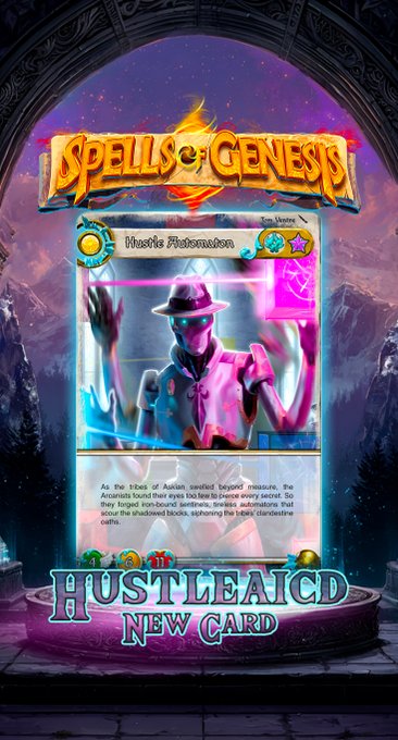 The image features a poster for a new card game called "HUSTLEAICD" that was created by the team behind @EmblemVault. The poster includes an illustration of a character wearing a hat, holding a sword, and standing in front of a castle with a dragon on its roof. The text on the poster announces the release of this new card game and mentions that it is now available for purchase at Hustle Automaton.