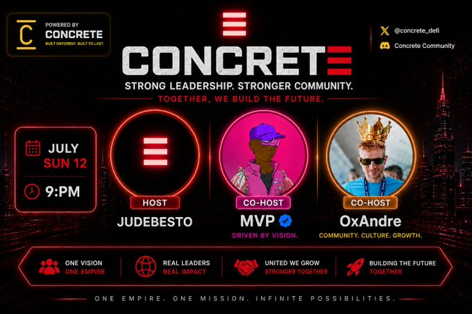 A promotional graphic for the 'CONCRETE' community event scheduled for Sunday, July 12 at 9 PM, hosted by JudeBesto with co-hosts MVP and OxAndre, featuring the tagline 'Strong Leadership. Stronger Community.'