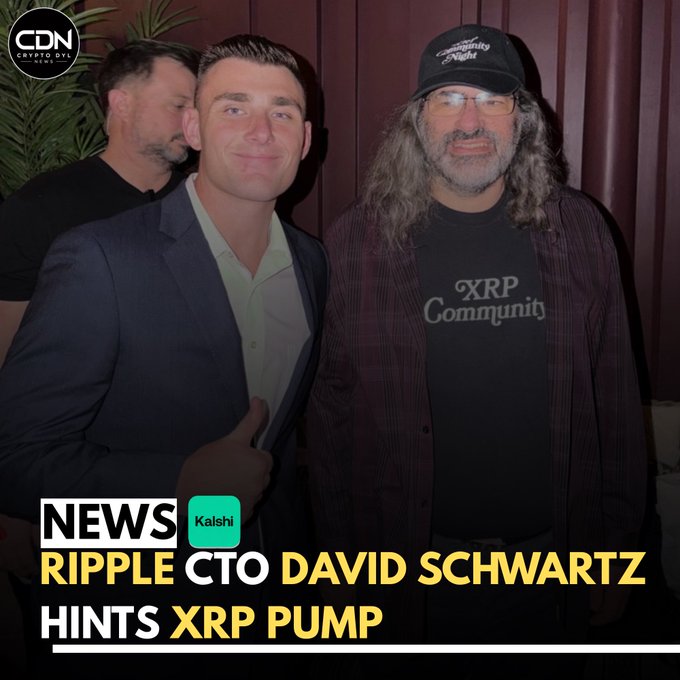 A news graphic from CDN (Crypto Daily News) showing two men, with the headline 'NEWS RIPPLE CTO DAVID SCHWARTZ HINTS XRP PUMP' and a Kalshi logo, where one man wears an 'XRP Community' hat and shirt.