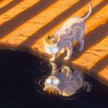 A small, pixelated animation shows a white cat-like character moving across a checkered orange and black floor.