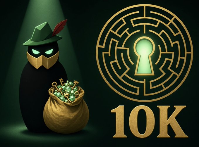 An illustration featuring a masked figure in a green hat holding a sack of green gems next to a golden maze or labyrinth design with a keyhole and the text '10K'.