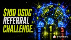 A banner advertises a '$100 USDC Referral Challenge' by Savvy.mark, featuring a colorful pedestal with numbers 1, 2, and 3 against a blue background.