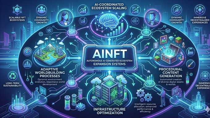 The image features a large blue and purple diagram that illustrates various aspects of an AI-generated ecosystem. The diagram includes different elements such as buildings, roads, and people, representing the infrastructure needed for this type of system. It also shows the expansion of these systems over time, highlighting their adaptability to changing needs.

The post about AINFT's AI-generated ecosystems emphasizes the importance of adaptive infrastructure in supporting the growth and evolution of these systems. The diagram serves as a visual representation of how such ecosystems can expand dynamically based on community growth, digital assets, and interactive environments.