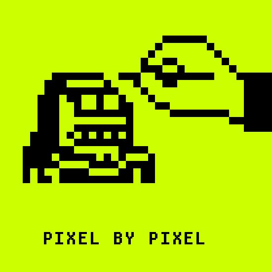 A pixel-art illustration of a hooded figure (hoodie) rendered in black on a bright yellow-green background, with the text "PIXEL BY PIXEL" displayed at the bottom. The pixelated hoodie character visually represents the "hoodie" theme of the post, inviting community members to show off their own hoodies.