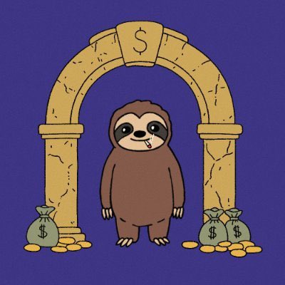 An illustration of a cartoon sloth standing in front of a stone archway with a dollar sign on top, flanked by bags of money and gold coins on a purple background.