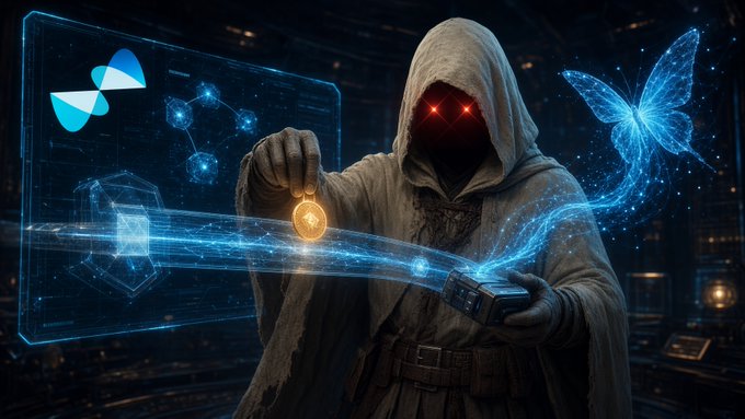 A hooded figure with red glowing eyes holds a gold coin and a small device, surrounded by blue holographic displays and a glowing butterfly in a dark sci-fi setting.