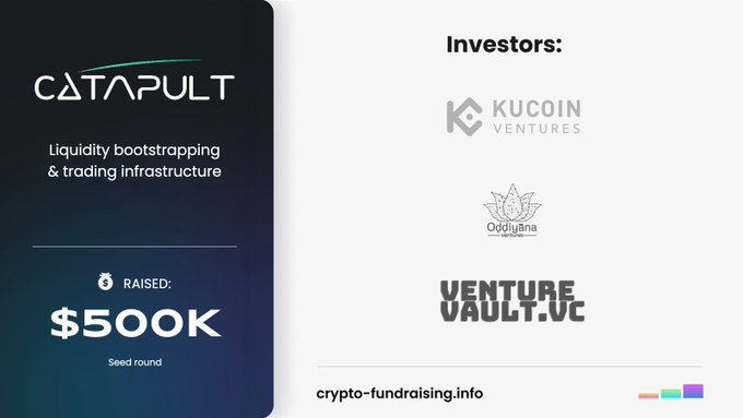 Promotional graphic for Catapult announcing their $500K Seed round from investors KuCoin Ventures, Oddiyana VC, and VentureVault.VC, with the tagline "Liquidity bootstrapping & trading infrastructure."