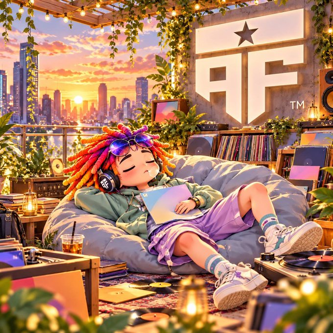 An illustrated scene of a colorful dreadlocked character relaxing on a beanbag with headphones and a laptop, with a large 'AF' logo and city sunset in the background.