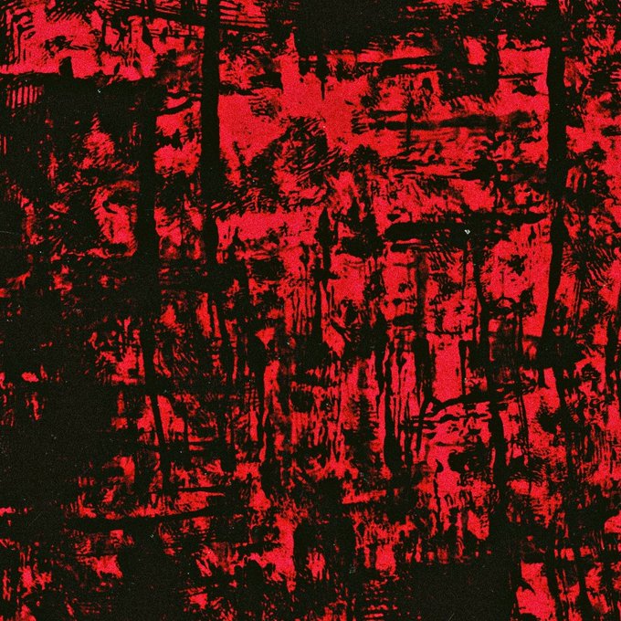 An abstract artwork featuring chaotic black brushstrokes and drips over a vibrant red background.