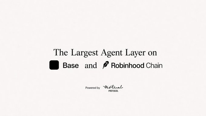 A promotional graphic with black text on a white background reading 'The Largest Agent Layer on Base and Robinhood Chain' powered by Virtuals Protocol.