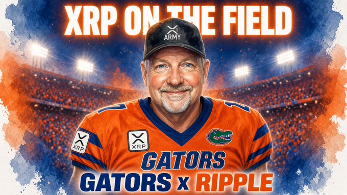 The image shows a digitally illustrated man wearing an orange Florida Gators jersey with "XRP" logos, set against a stadium backdrop, with the headline "XRP ON THE FIELD" and "GATORS x RIPPLE" displayed prominently.

The "😎👍" reaction post suggests approval or enthusiasm for this creative mashup promoting Ripple (XRP) cryptocurrency through sports branding imagery.