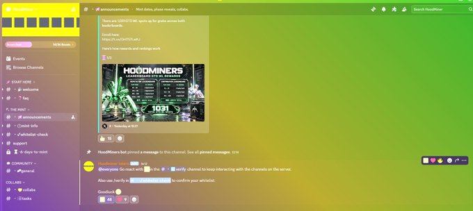 A HootMiner Discord server interface showing announcements channel with pinned messages and chat about giveaway whitelists.