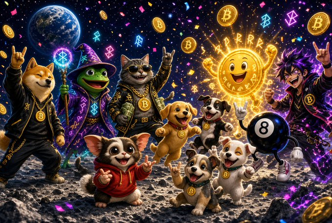 A vibrant, cartoon-style illustration depicting various anthropomorphic animals (a dog, cat, frog, and puppies) wearing gold chains and Bitcoin-themed clothing, celebrating with an 8-ball and coins against a cosmic background with Earth.