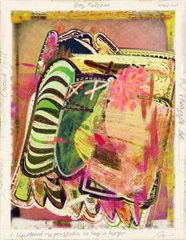 An abstract mixed-media artwork featuring colorful painted shapes in pink, yellow, green, and black, with text at the bottom reading 'A guarded ray projects its ray a hope'.