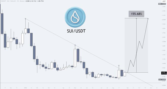 A SUI/USDT weekly candlestick chart on TradingView displays a descending trendline with a projected breakout showing a potential 155.68% gain to $5.250, visually reinforcing the post's bullish claim that SUI is poised for a major upward surprise.