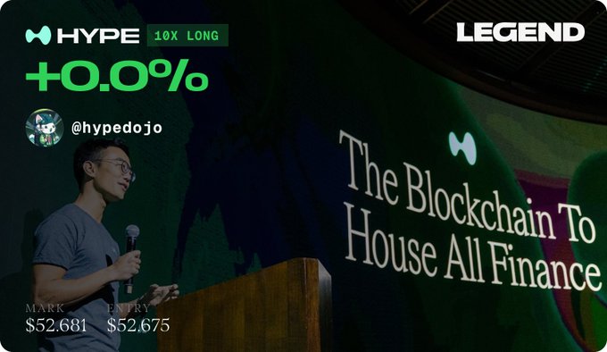 A promotional graphic for HYPE with '@hypedojo' showing a man speaking at a podium, with text 'LEGEND', '10X LONG', '+0.0%', and 'The Blockchain To House All Finance', along with 'MARK $52,681' and 'ENTRY $52,675'.