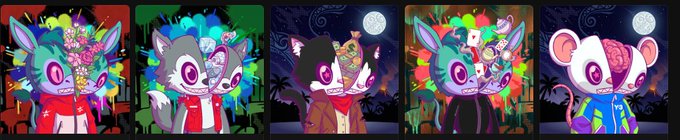 Five colorful illustrations of stylized cartoon animal characters (a deer, a cat, a dog, another deer, and a mouse) shown in a row, some wearing red or blue shirts, against dark backgrounds with moons.