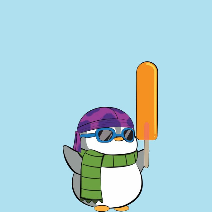 The image features a cartoon penguin wearing sunglasses, a green scarf, and a purple hat with an orange stick sticking out of it. The penguin appears to be holding an ice cream cone or popsicle, adding a playful element to the scene. The background is a light blue color that complements the overall composition. The post reads "I felt compelled to get a lil piece of the action", which suggests that someone found this image interesting and wanted to share it with others.