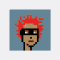 A pixel art avatar of a character with red spiky hair wearing black sunglasses against a gray background.