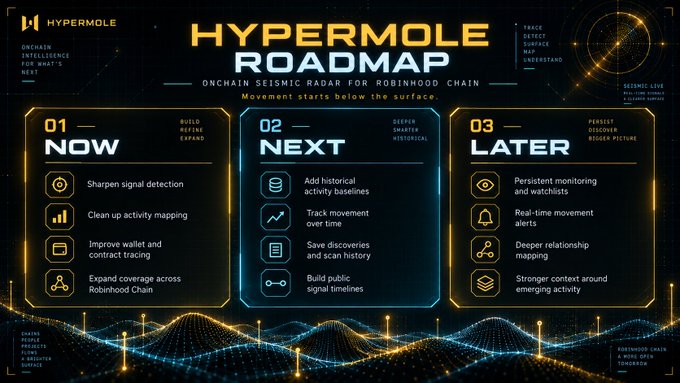 A HypermoLe Roadmap graphic for an 'Onchain Seismic Radar for Robinhood Chain' divided into NOW, NEXT, and LATER phases, featuring features like sharpen signal detection, add historical activity baselines, and persistent monitoring and watchlists.
