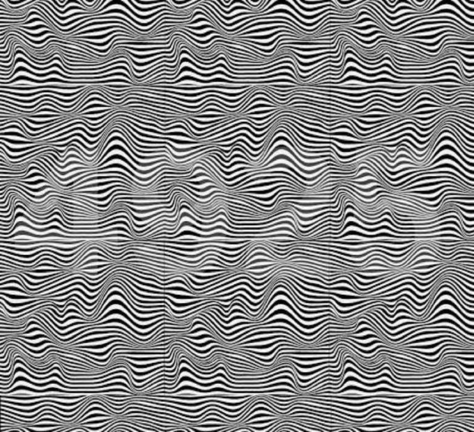 A black and white op art pattern featuring wavy, rippling horizontal lines that create an optical illusion of movement across the entire image.
