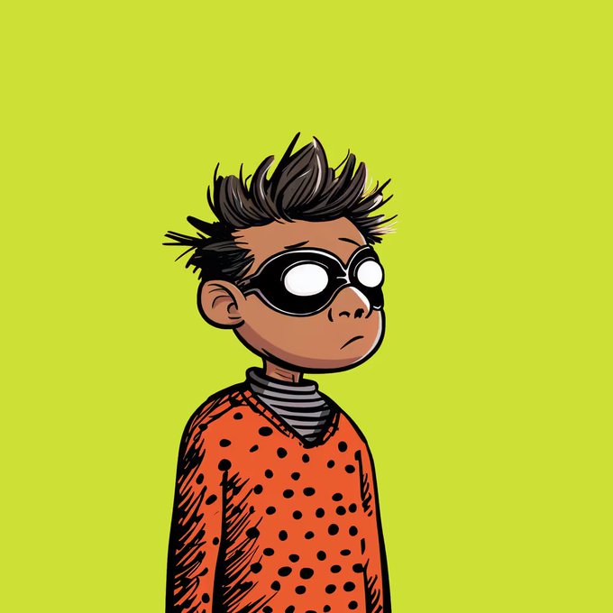 Illustration of a young Black character with spiky dark hair wearing large black goggles with white reflective lenses and an orange shirt with black polka dots, set against a bright lime-green background.