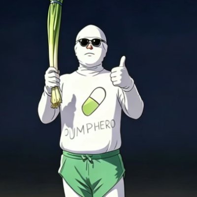 A cartoon figure in a white skin-tight suit labeled 'PUMPHERO' with a pill graphic, wearing sunglasses, green shorts, and holding a bundle of green stalks while giving a thumbs-up.