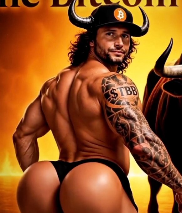 A muscular man with long hair poses in black underwear, wearing a bull-horned cap with a Bitcoin logo and displaying a '$TBB' tattoo on his arm, with a large bull statue beside him against a fiery background.